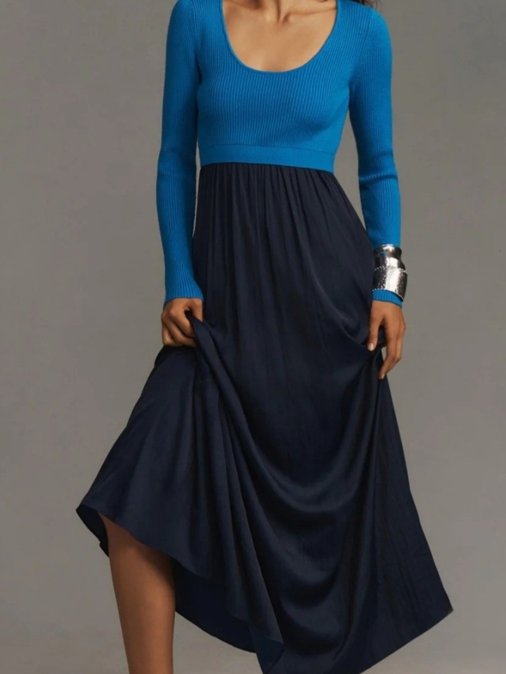 Anthropologie Blue Ribbed Top with Navy High-Low Skirt